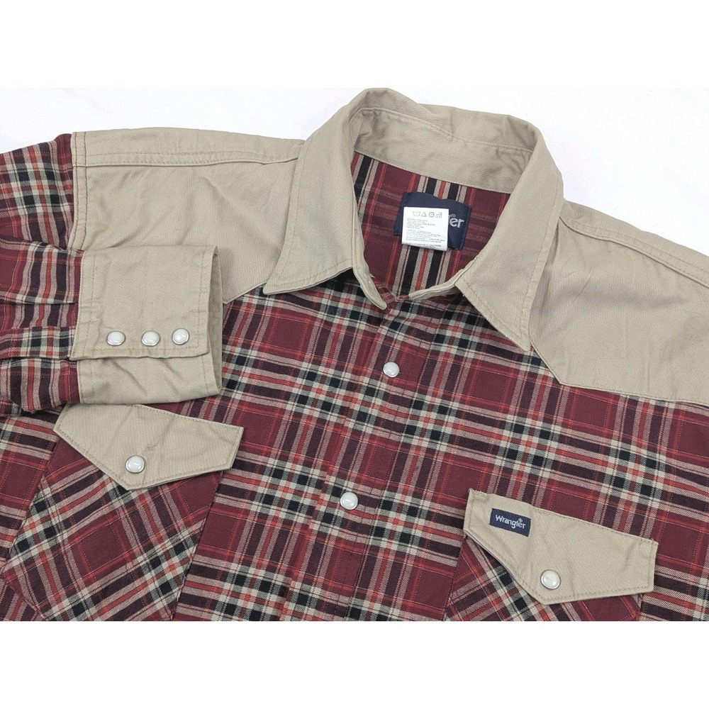 Vintage‎ Wrangler Shirt Mens 2X Red Plaid Tan Brushpopper Pearl Snap Western